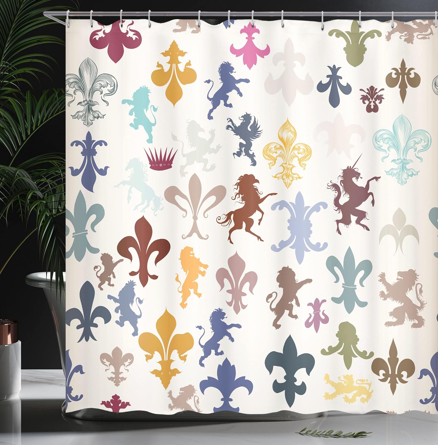 Ambesonne Fleur De Lis Shower Curtain, a Pattern with Lions and Horses Griffins an Unicorn and Fleur-de-Lis Fantasy Style of Artwork, Cloth Fabric Bathroom Decor Set with Hooks, 69" W x 84" L, Ivory