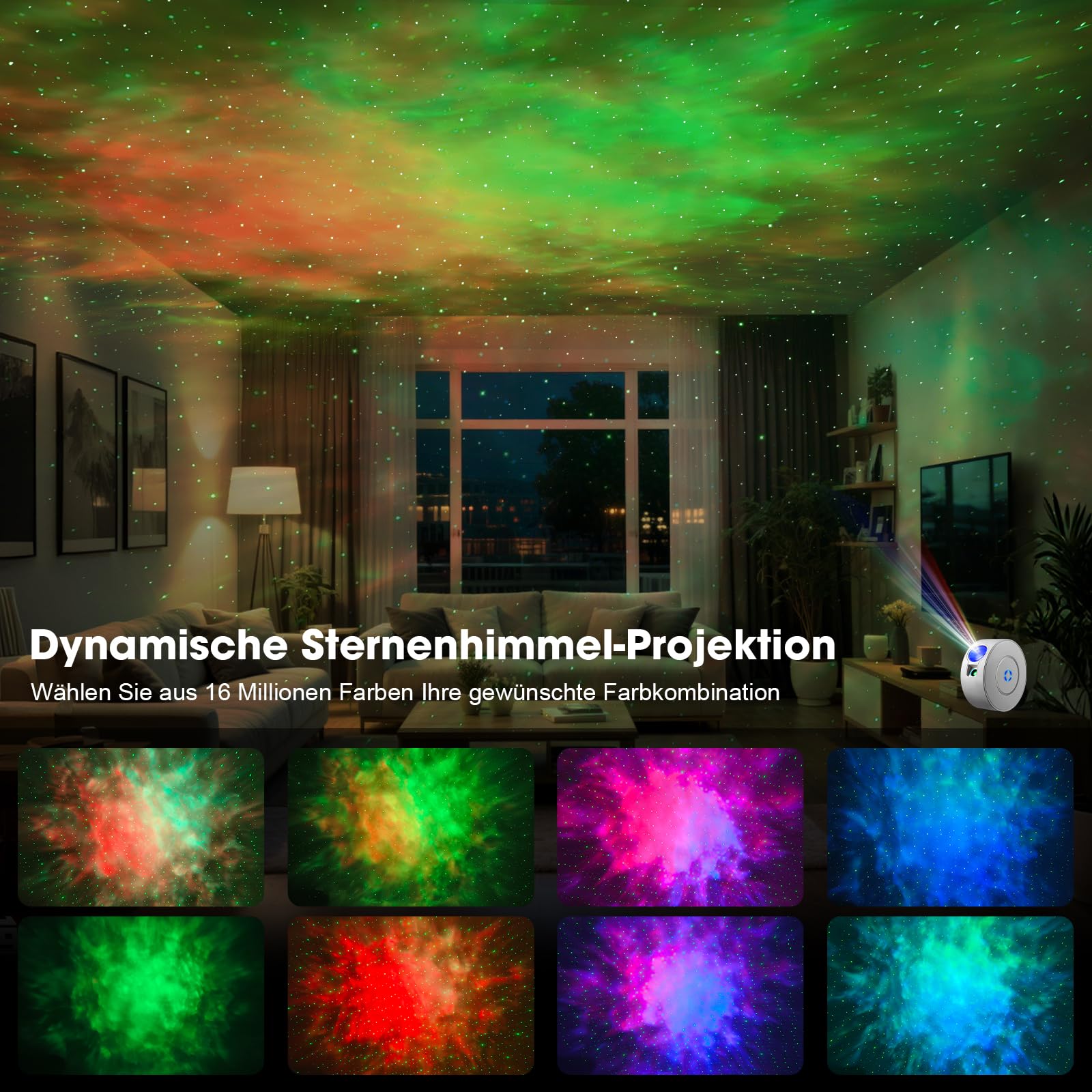 Smart Sternenhimmel Projektor, WLAN Galaxy Projector mit Fernbedienung, App & Sprachsteuerung, 16M Farben Sternenprojektor, 25 dB leiser Betrieb mit 4 Positionierungswinkeln