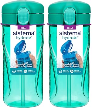 Sistema Hydrate Quick Flip Water Bottle | 520 ml | BPA Free Water Bottle with Straw | Recyclable with TerraCycle®| Assorted Colours (Pack of 2)