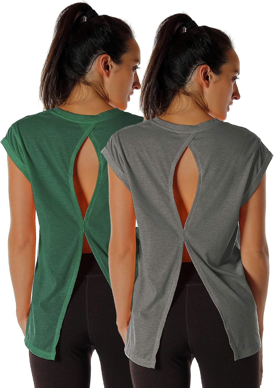 icyzone Open Back Workout Top Shirts - Yoga t-Shirts Activewear Exercise Tops for Women(Pack of 2)