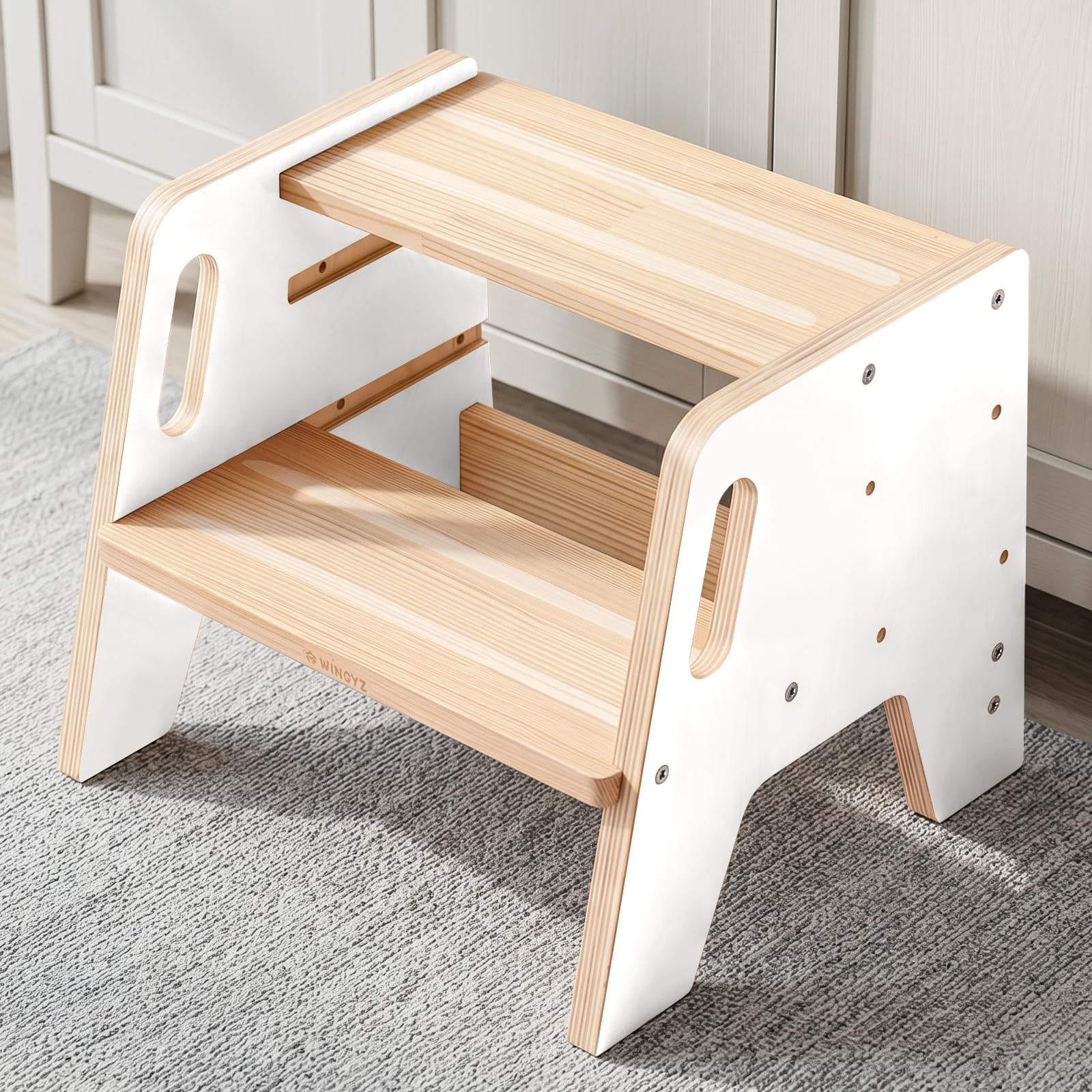 WINGYZ Wooden Toddler Step Stool, 3-Height Adjustable Step Stool for Kids with Handles, Kitchen & Bathroom Sink Stool for Potty Training,90kg Capacity, Safety Non-Slip Pads,White
