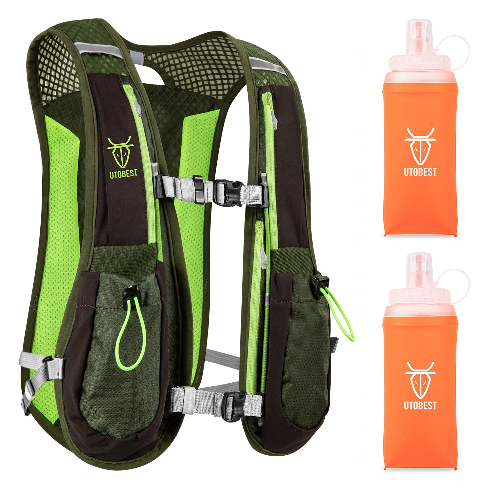 UTOBEST Running Vest Running Backpacks Lightweight Adjustable Hydration Pack 5L for Men & Women, Green, with 2*350ml Bottles — image 1
