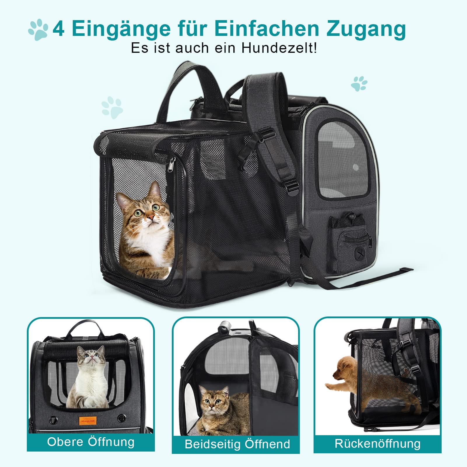Morpilot Katzenrucksack Große Katzen, Erweiterbar Hunderucksack bis 8 kg Katzen Rucksack Groß für Kleine Hunde Faltbare mit Innerer Sicherheitsleine und Haustiermatte 35x29x42cm, Dunkelgrau