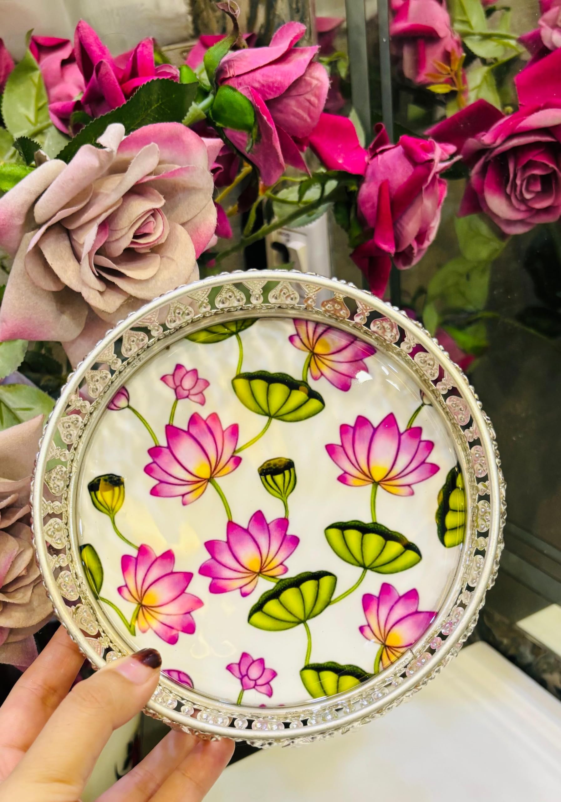 Cow Pichwai Print Round Tray Wedding Return Gift Hamper Set Diwali Pooja thali puja (Lotus, 6 inch)-image-28