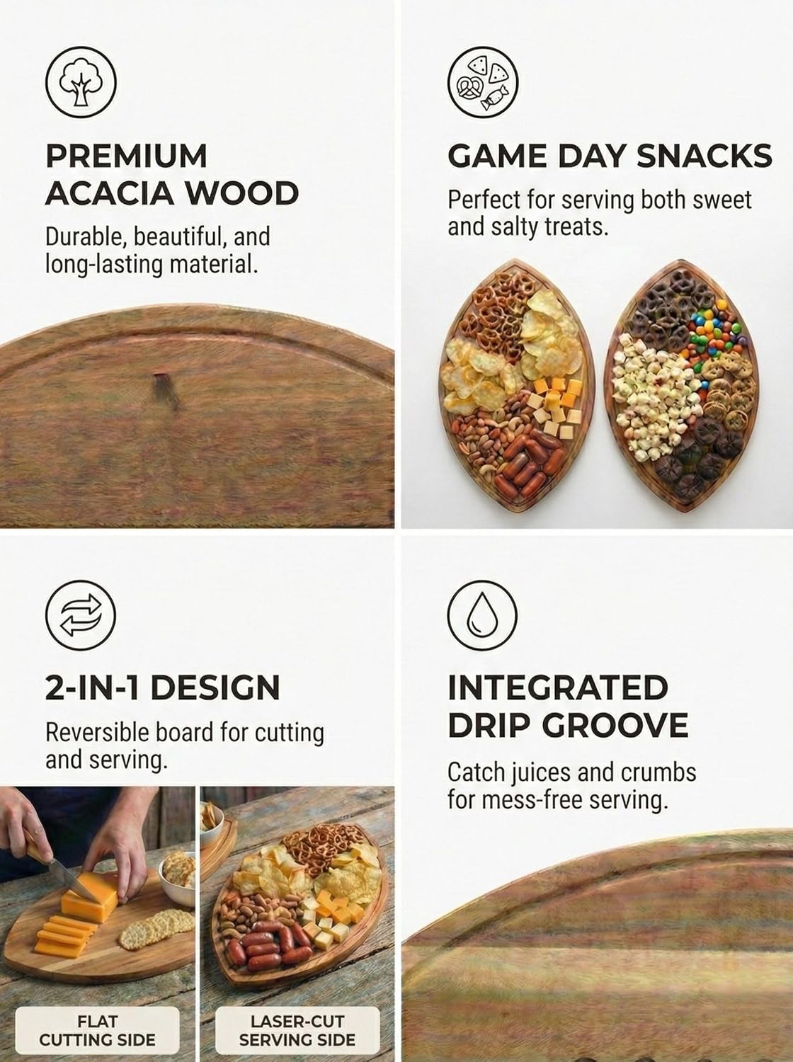 Football Shaped Cutting Board – 16X9.5 INCH – Acacia Wood Charcuterie Tray – Wooden Football Serving Platter for Super Bowl Parties, Tailgate Hosting & Gifts - Image 2