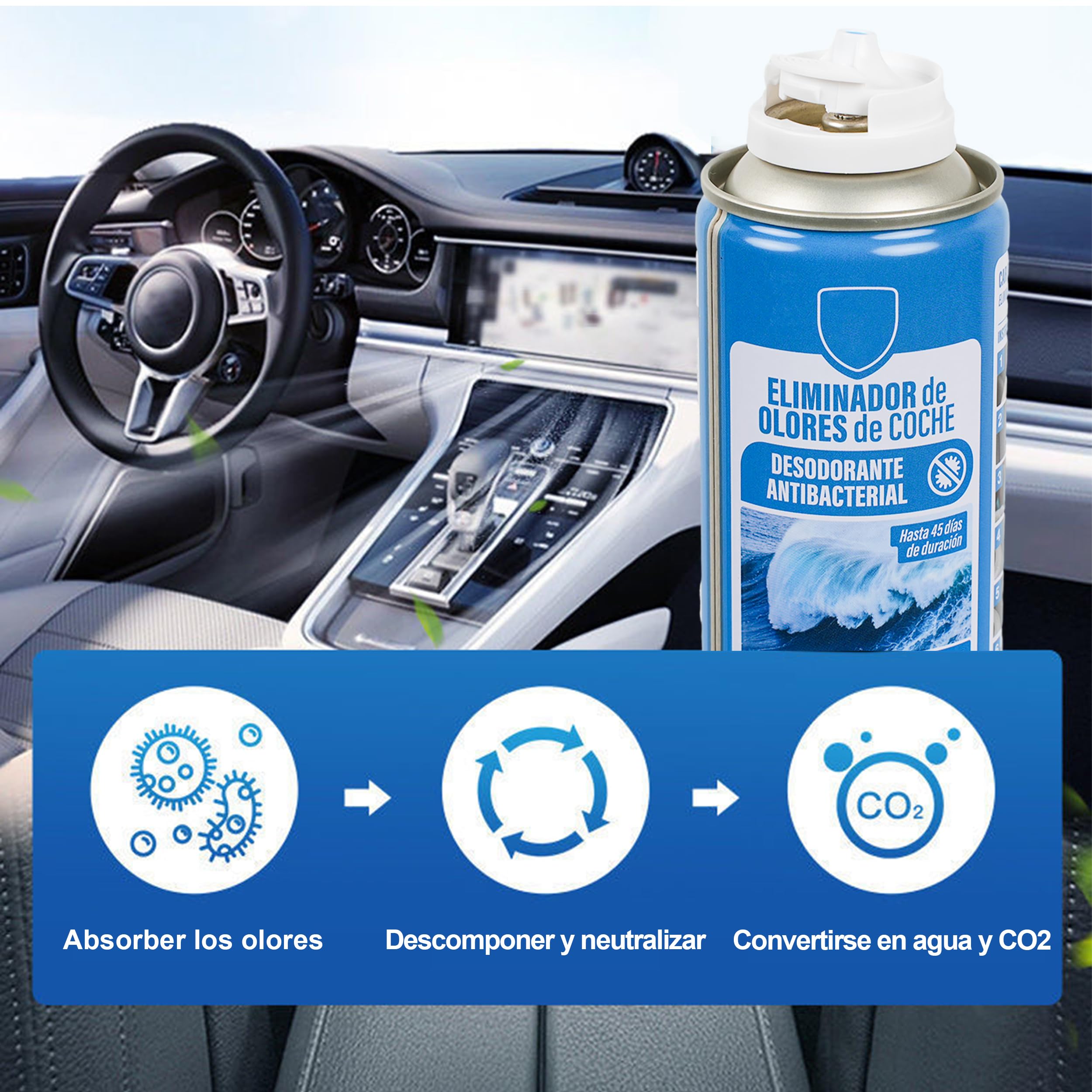 H HANSEL HOME Eliminador de Olores Coche de Descarga Única, Ambientador Coche Nuevo, Limpiador Aire Acondicionado Coche, Elimina el Olor y la Humedad, 1 Unidad x 150ml - Brisa Marina