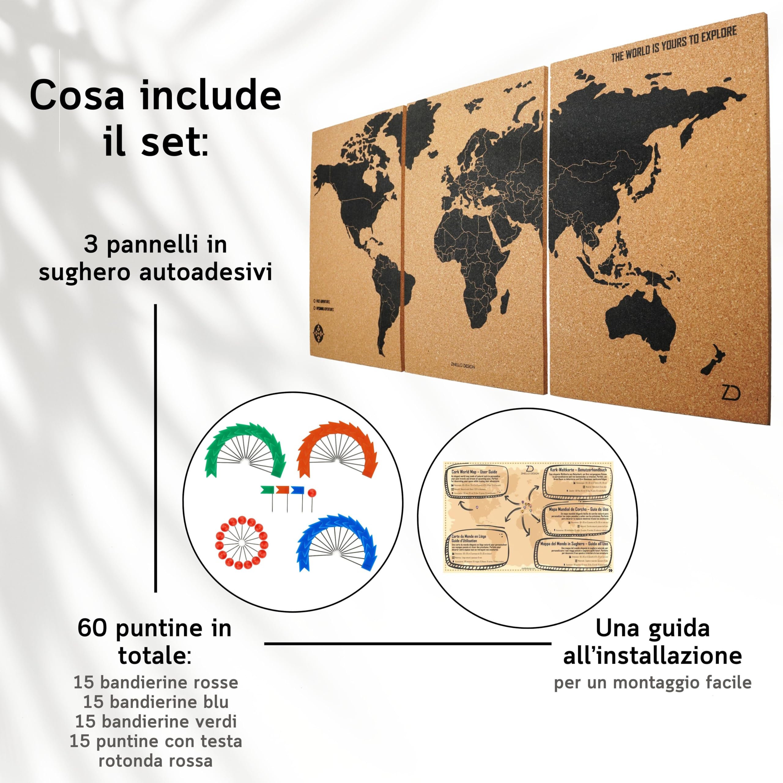 Zinello Design – Mappa del Mondo in Sughero da Parete 60×30 cm (3 Pannelli Adesivi) con 60 Puntine – Quadro Decorativo Viaggi Personalizzabile – Poster Murale Ecologico – Idea Regalo