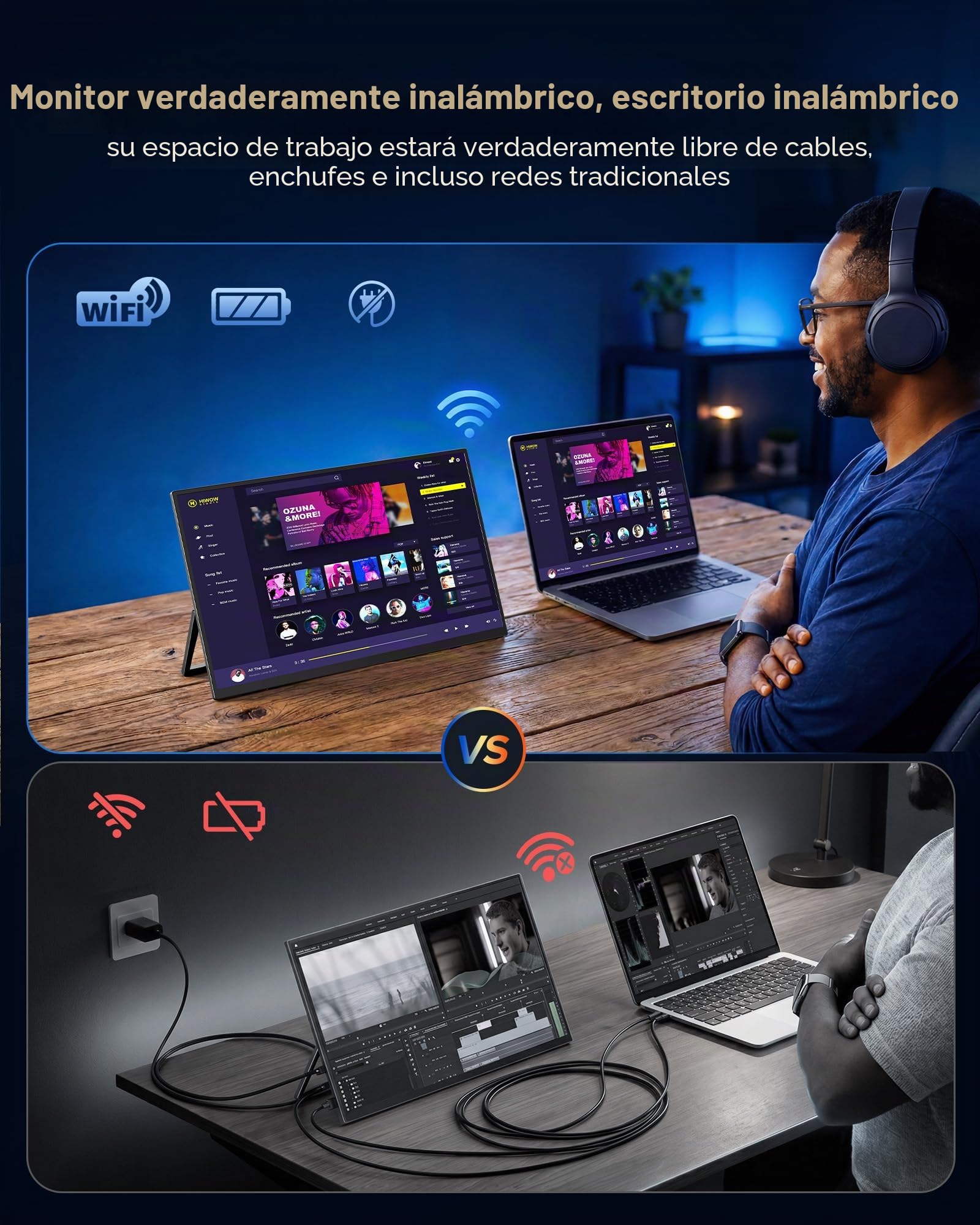 Newsoul Monitor Portátil Inalámbrico con Batería 8000 mAh,15.6" Pantalla Portatil 1080P IPS 125% sRGB, Pantalla Móvil Externa con Mini HDMI/USB-C para Laptop/PC/Phone, Soporte AirPlay/Miracast