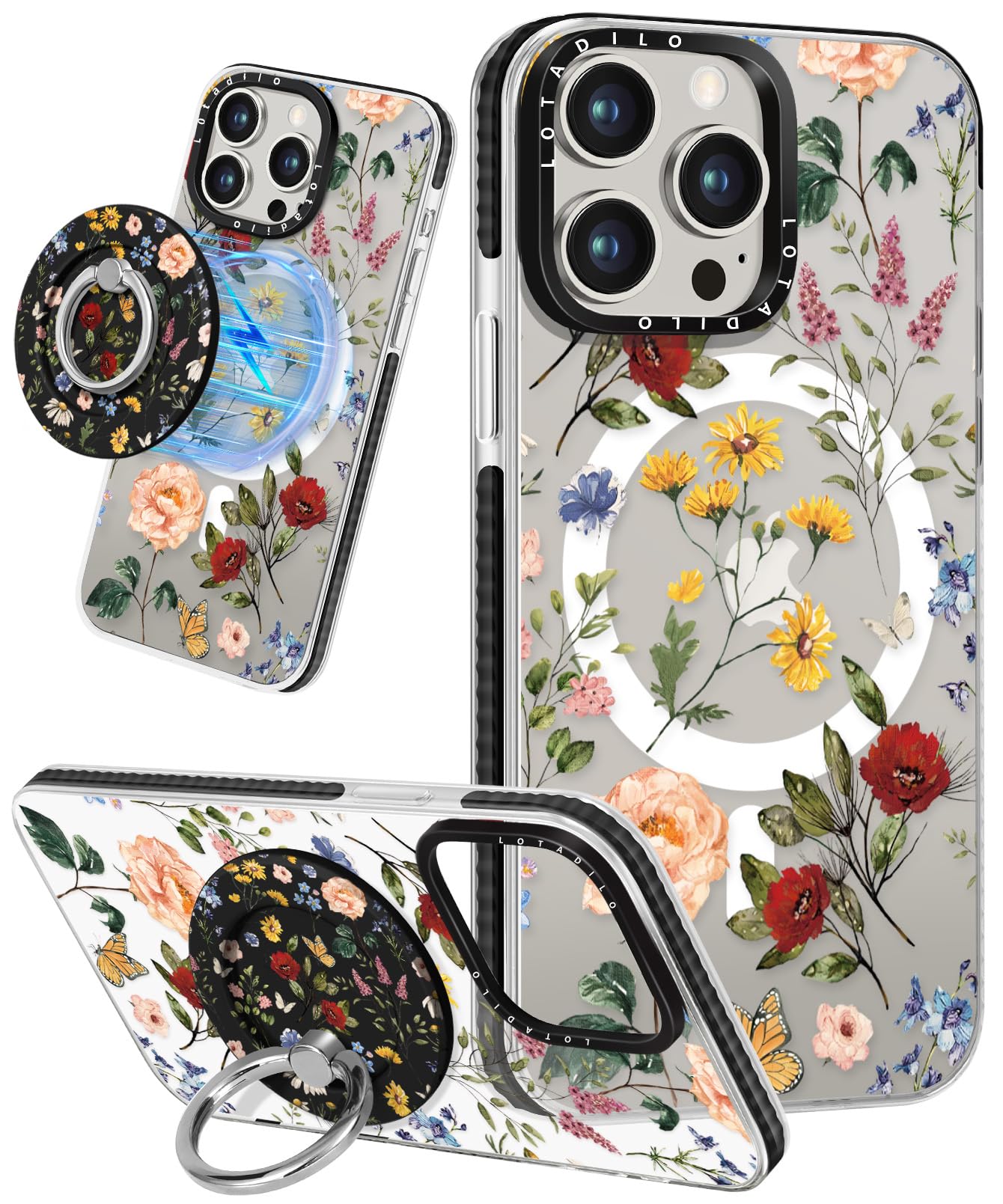 Lotadilo for iPhone 13 Pro Max Case for Women Girls - Cute Design Compatible with Magsafe Magnetic Ring Holder Stand Retro Flower Aesthetic Pattern