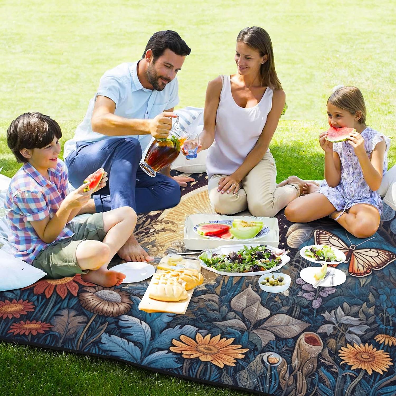 Kigai Butterfly Flowers Extra Large Picnic Blanket Waterproof Sandproof Beach Blanket Portable Foldable Outdoor Picnic Mat for Camping Travel Hiking Beach, 78 x 78 in