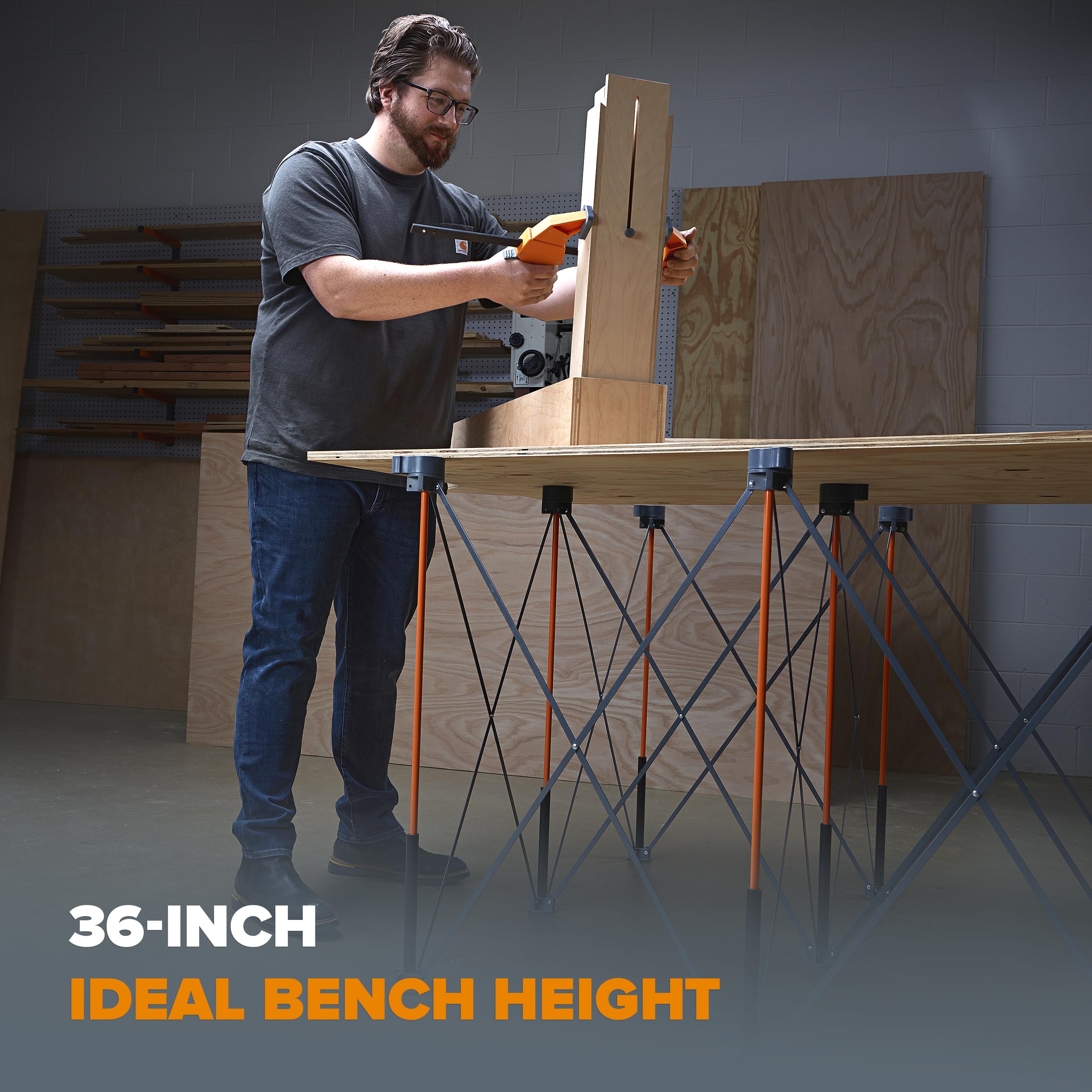 BORA Centipede CT9 91.4 cm wysoki przenośny składany stół warsztatowy z paskiem do noszenia, składany, stół konstrukcyjny, wsparcie, sawhorse, 100 cm x 4 m, wysokość robocza 91 cm, nośność 1,587 kg