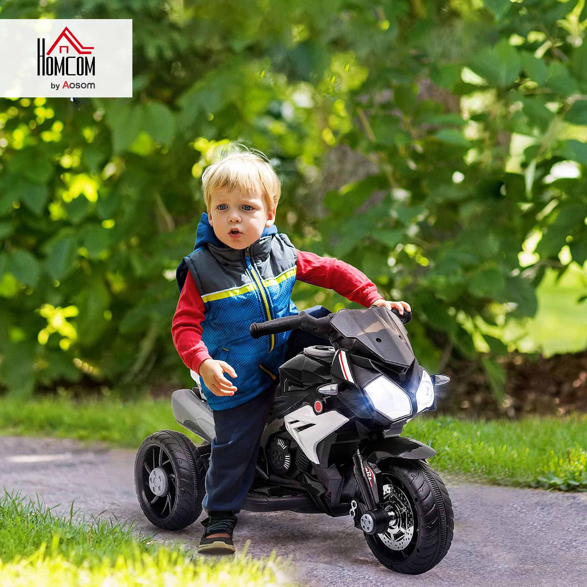 HOMCOM Moto Eléctrica Infantil con 3 Ruedas Trimoto para Niños de +3 Años con Batería 6V Recargable Funciones de Música Bocina Faros 86x42x52 cm Negro y Blanco