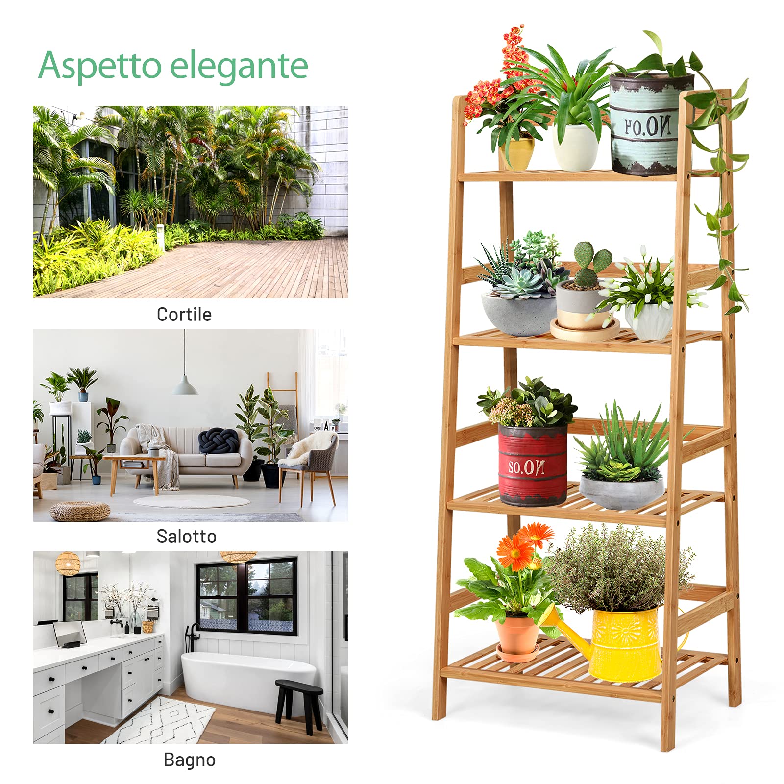 COSTWAY Scaffale per Piante in Bambù a 4 Ripiani, Scaffale Porta Vasi da Interno ed Esterno, Scaffale Portafiori per Balcone, Giardino e Cortile, 48 x 32 x 115 cm (Naturale)