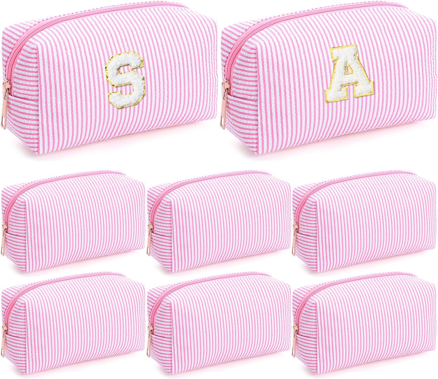 Sanwuta 8 Pcs Seersucker Cosmetic Bags Bulk Initial A-Z Chenille Letter Patches Seersucker Makeup Bags Stripe Preppy Storage Pouch Toiletry Travel Organizer for Bridesmaid Mom Gift (Light Pink)
