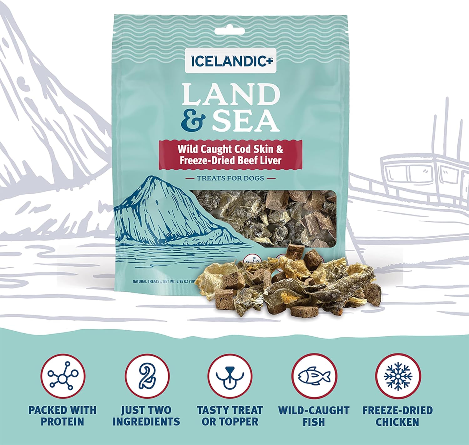 Icelandic+ Land & Sea Wild Caught Cod Skin & Freeze-Dried Beef Liver - 6.75oz Bag, Dog Treat & Food Topper, 2 Ingredients, No Preservatives, Natural