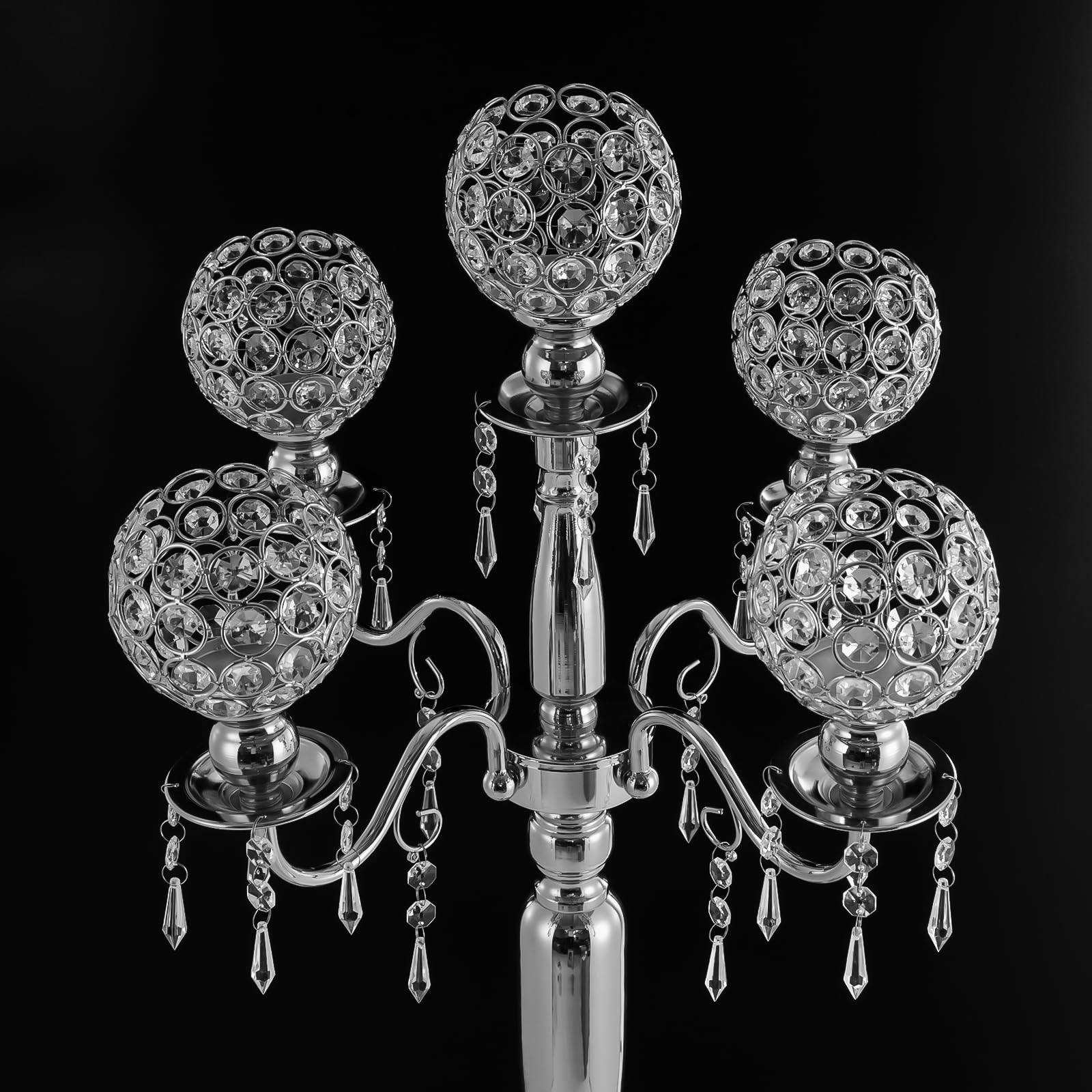 4 Pcs 5 Arm Crystal Candelabra Centerpieces, Crystal Candle Holder, 29.5 Inch Silver Candle Holders for Wedding Party Christmas Dinner Events