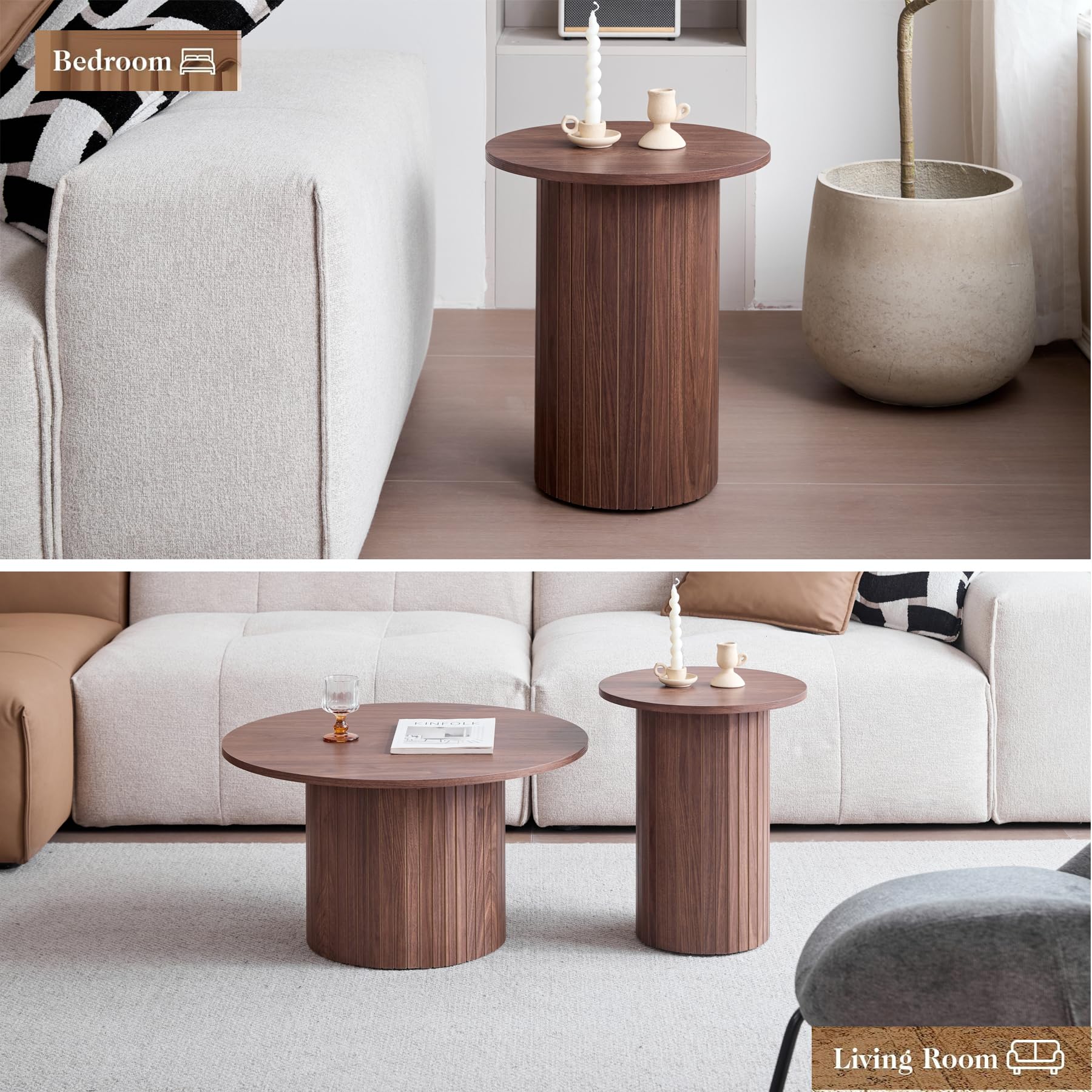 Lot de 2 Tables Basses Rondes Modernes, Support de Base de Colonne Romaine, Table D'appoint de Canapé Ronde de Style Ferme, Convient au Salon, au Bureau - Marron Foncé