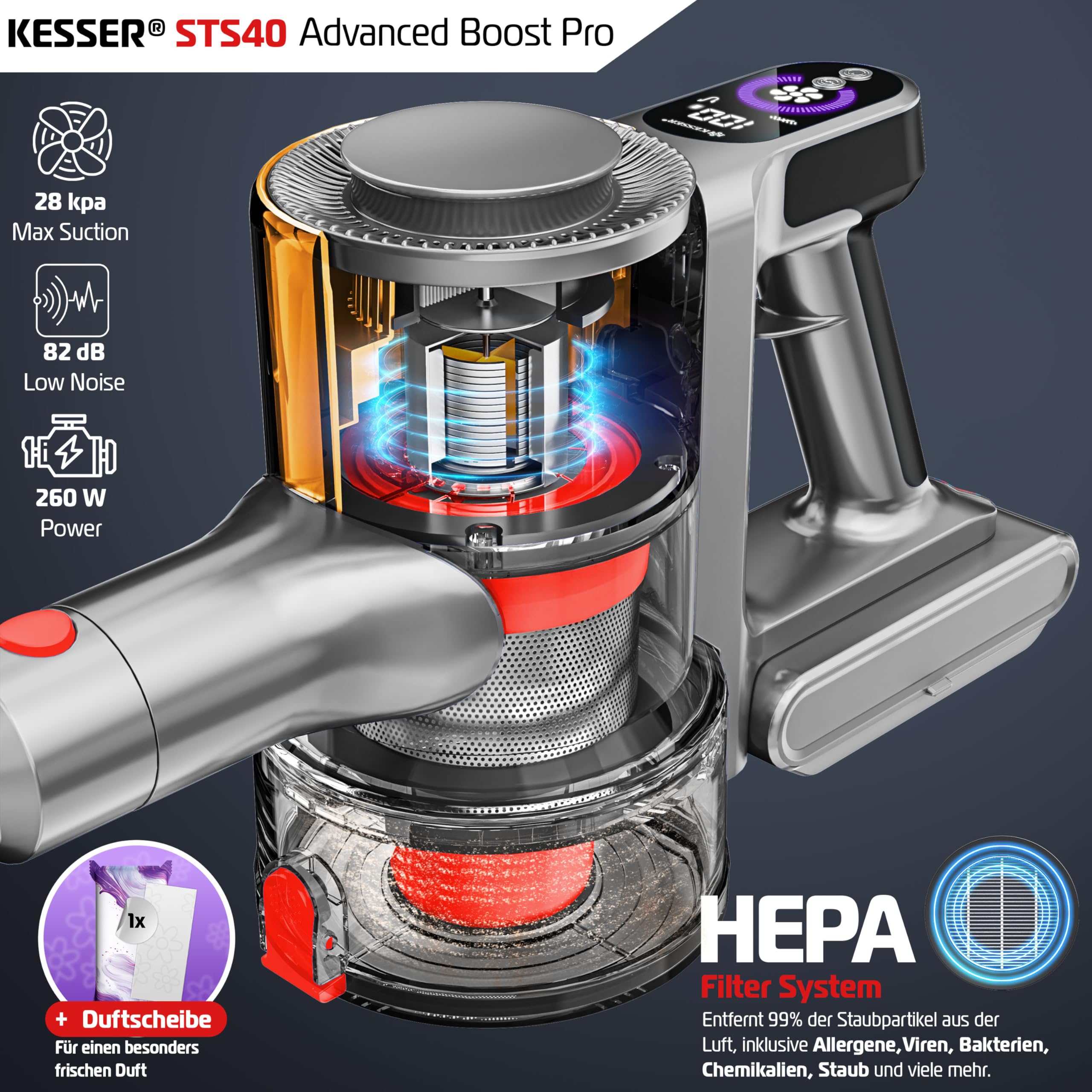 KESSER Aspirapolvere Senza Fili A Batteria, 260W, 28kPa, Autonomia 60 Min, Leggero 2,8kg, Con Display LED, Filtro HEPA, Spazzola Anti-tangle, Disco Profumato E Supporto A Parete