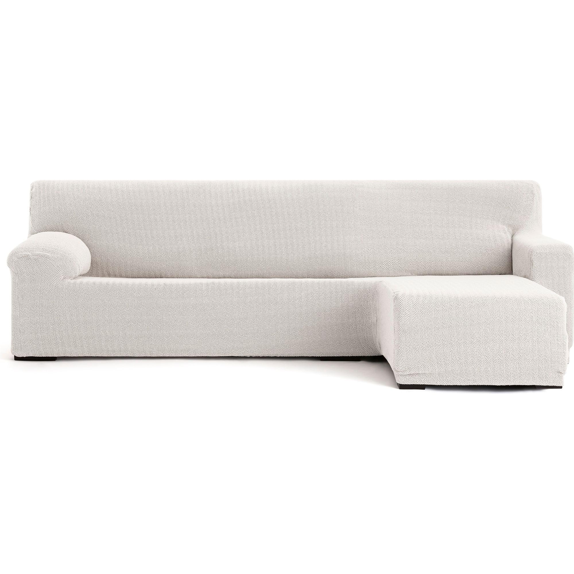 Housse de canapé chaiselongue extensible écru avec mousses fixation ajustement