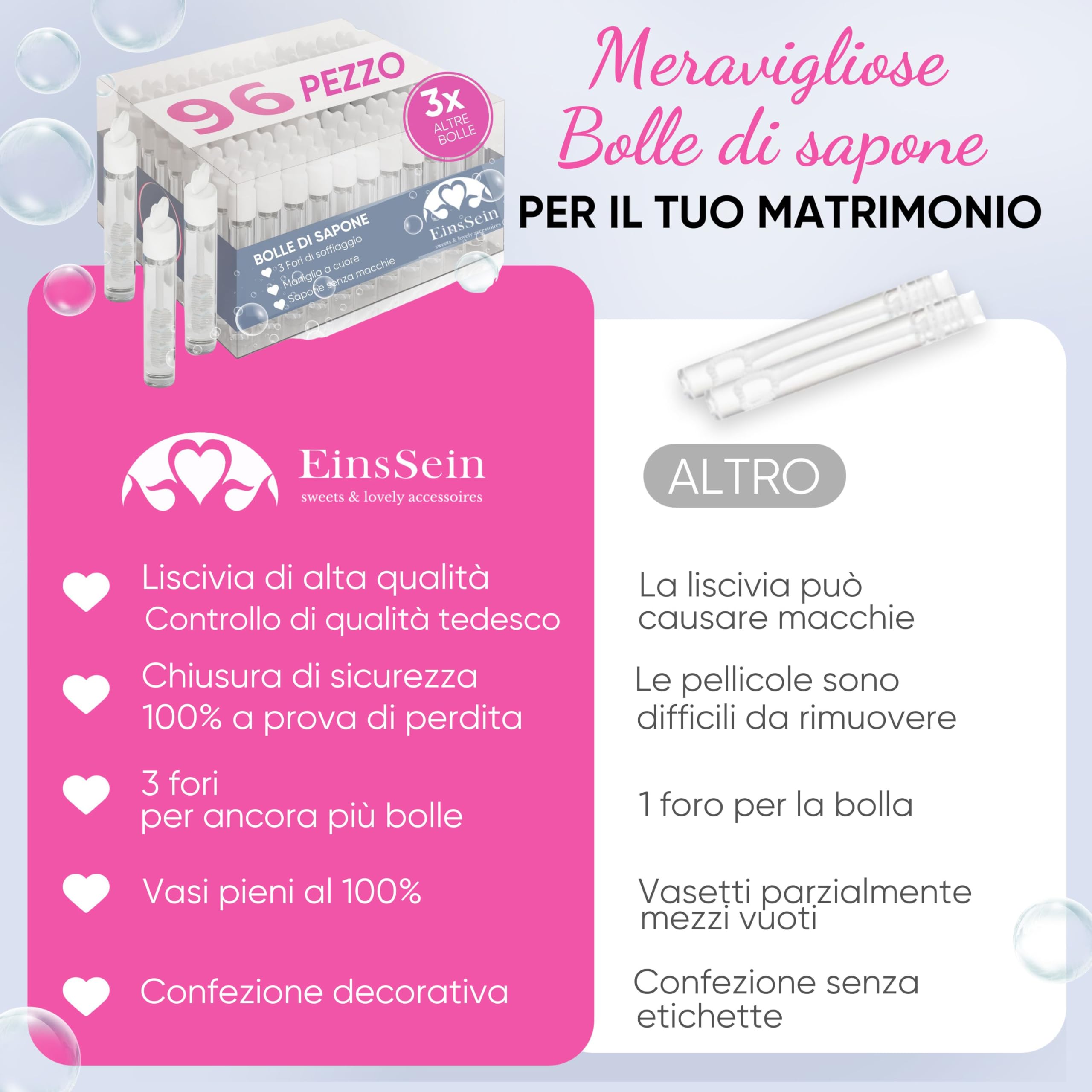 EinsSein 96x Bolle di sapone matrimonio Vetro d’amore Box bianco wedding bubbles sposi nozze festa compleanno battesimo decorazioni tavolo regalo