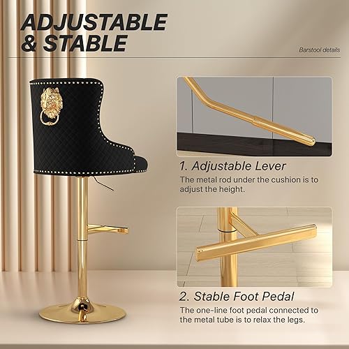 Miniatura 38 de ABET Juego de 2 taburetes de bar, taburetes de altura de mostrador con reposapiés, silla giratoria ajustable de terciopelo para isla de cocina con