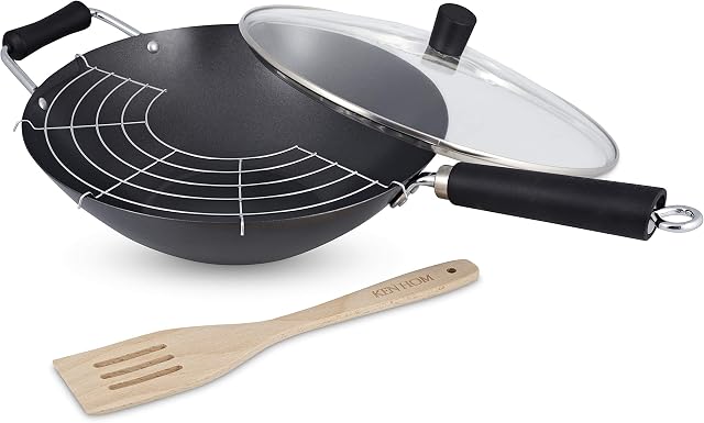 Ken Hom KH431041 zestaw patelni typu wok ze stali węglowej, 31 cm, Excellence, do kuchenek indukcyjnych z pokrywką, kratką do odkładania i akcesoriami, nadaje się do mycia w zmywarce