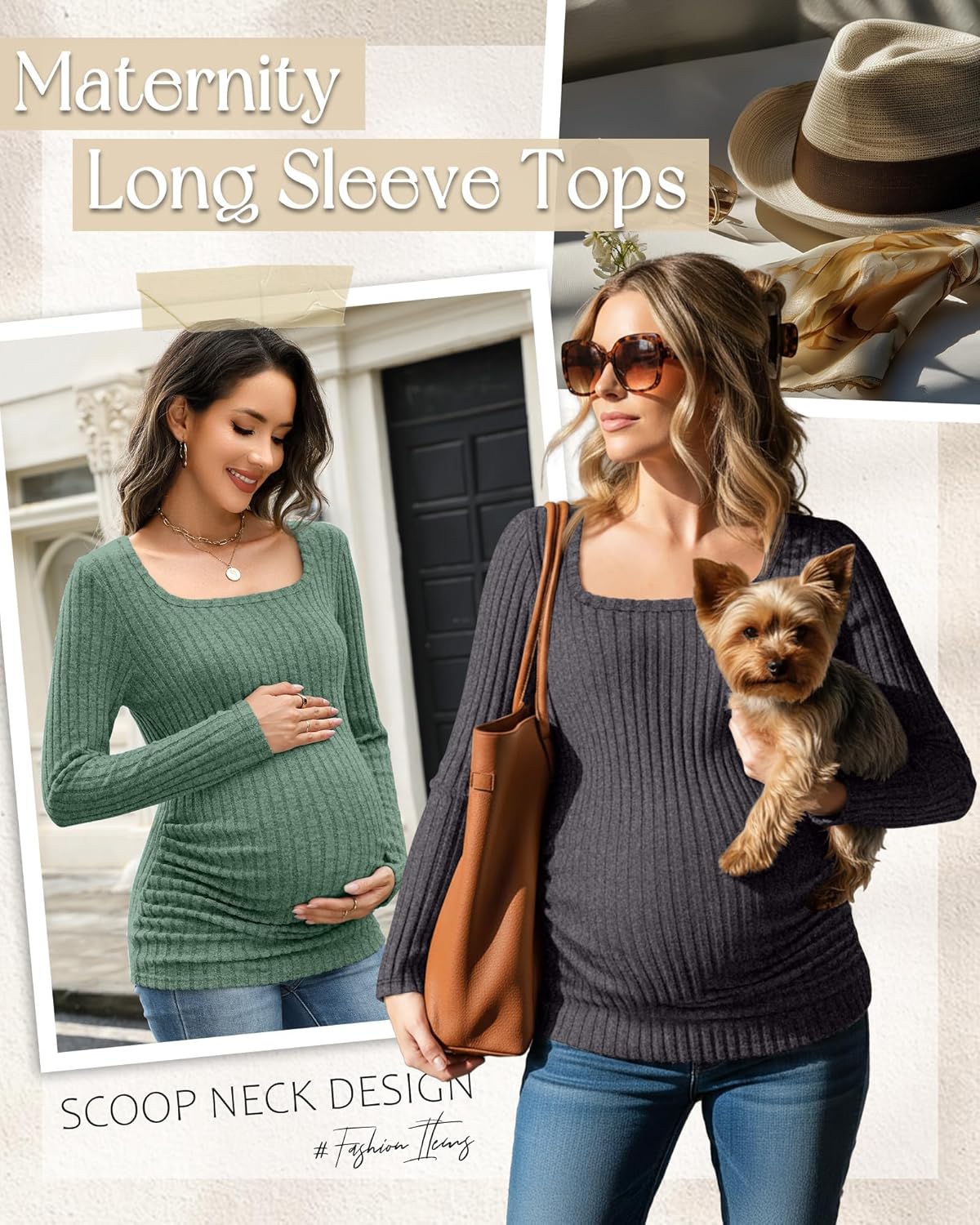 4 Pack Women's Maternity Ribbed Shirts Long Sleeve Square Neck Sweaters Casual Slim Side Ruched Pregnancy Clothes - Image 3