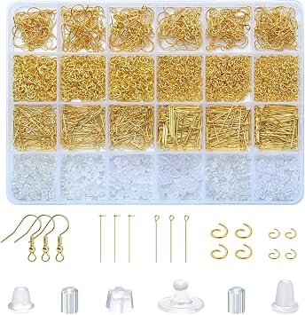 SONGIN Earring Making Kit, 1100 Pcs Jewellery Findings Earring Making Supplies Kit with Ear Hooks Posts Pins Open Jump Rings and 6 Styles Ear Backs Gold