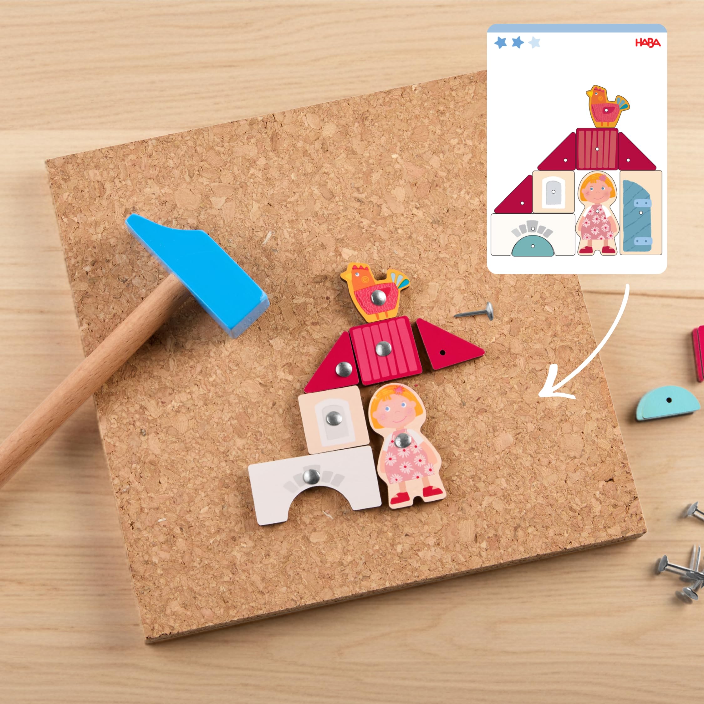 HABA Hammer-Nagelspiel: Bauernhof – Holzspielzeug mit Hammer und Nägel für Kinder ab 3 Jahren – Kreativspielzeug mit Korkplatte & Vorlagen – 2013378001