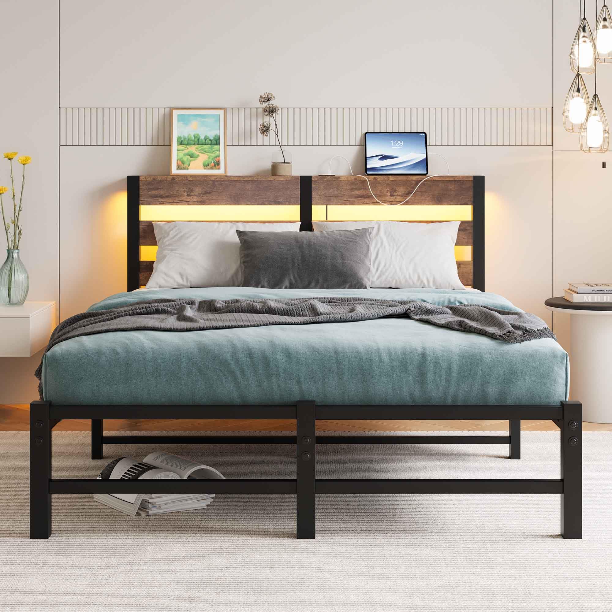 HIROHRTV Queen Bed Frame with Wooden Headboard, RGB LED Lights, USB Charging Station, Storage Shelf, Metal Bed Frame, No Box Spring Needed (Full -2)