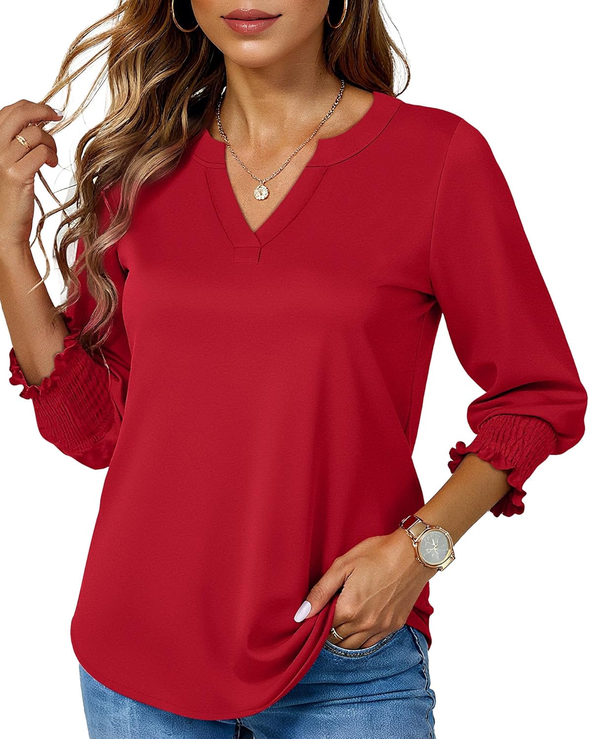 Blouses for Womens 3/4 Length Sleeve Casual Tops Loose V Neck T Shirt with Smocked Cuffs - Image 3
