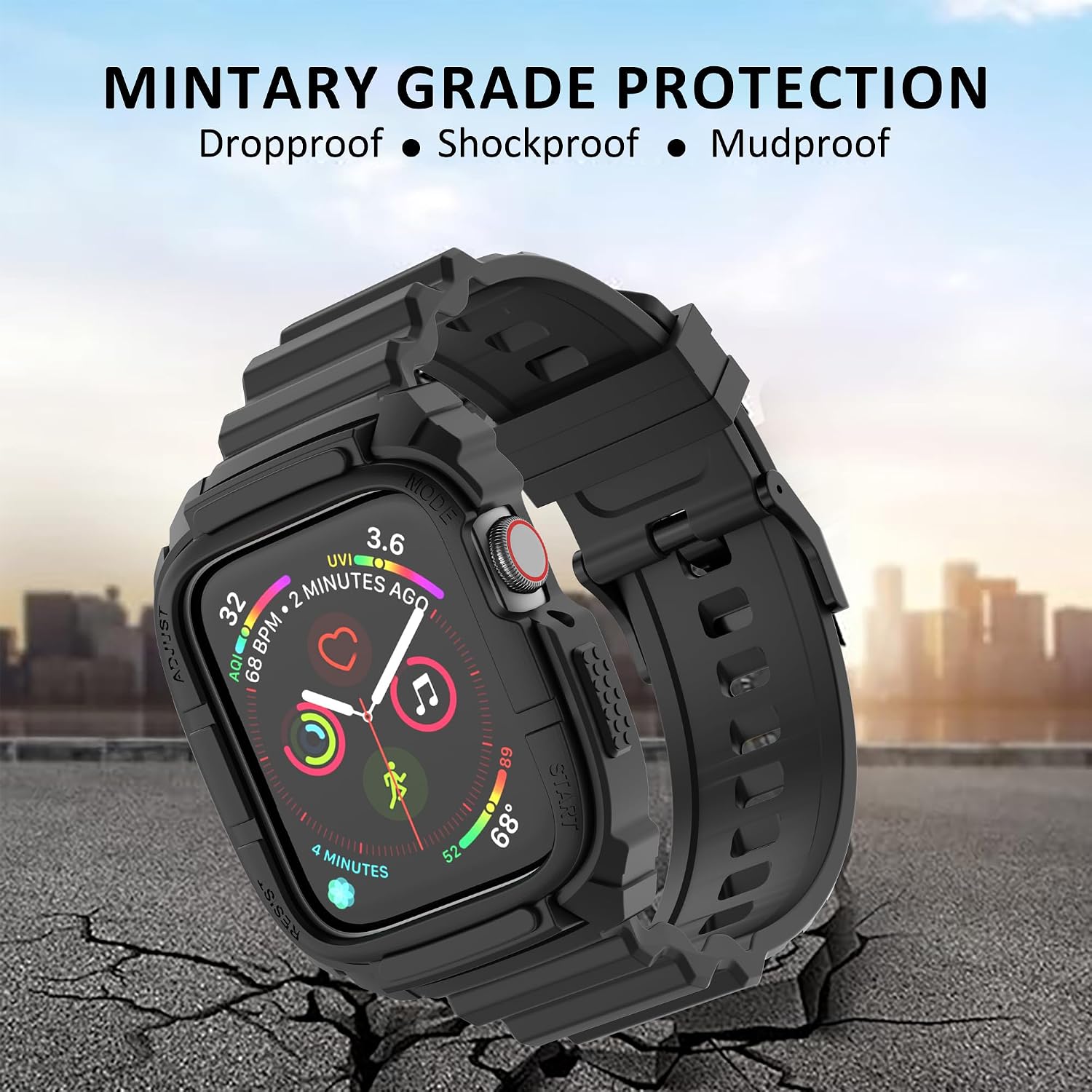 Compatible with Apple Watch 9/8/7/SE (2nd)/SE/6/5/4 42mm/44mm Band for Men, Rugged Full Protection Shockproof Case with TPU Band for iwatch 42/44/45mm Blackgray