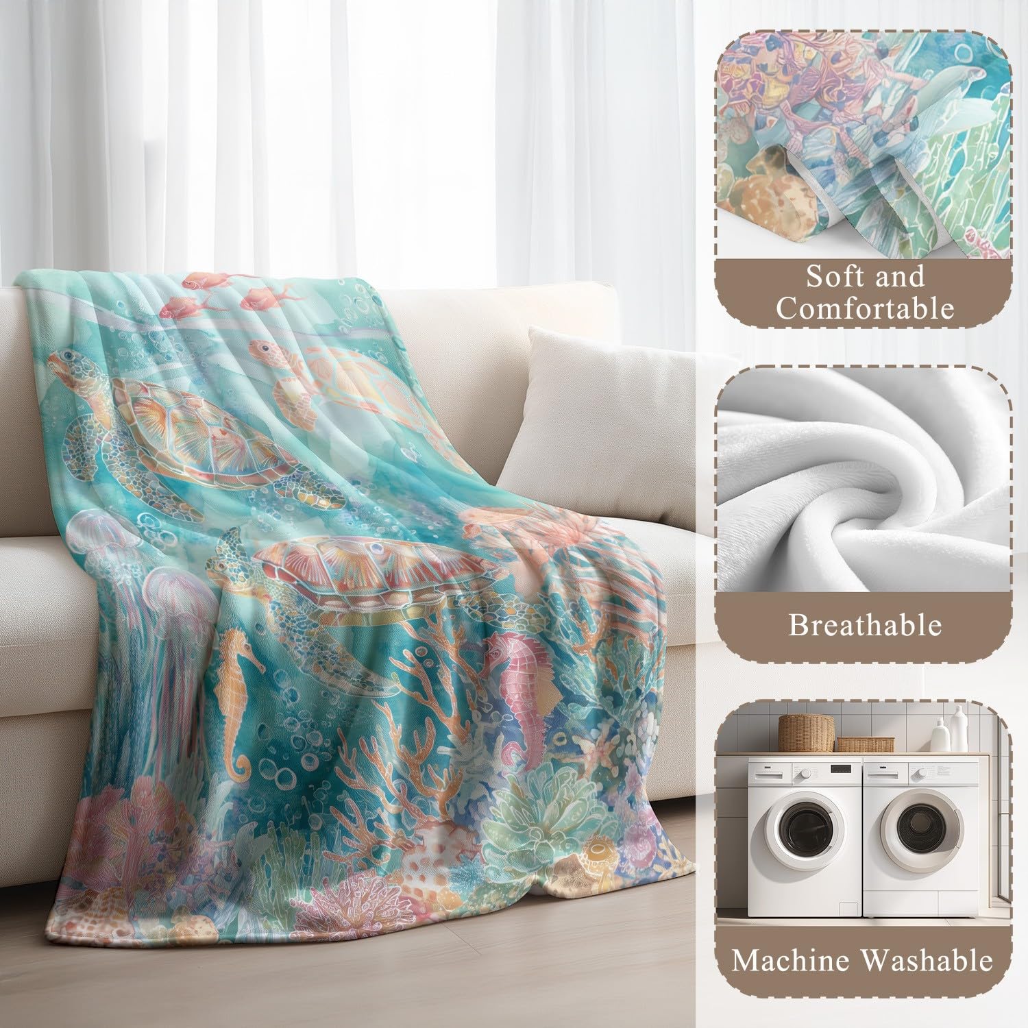 Koc dziecięcy do przytulania 150 cm x 180 cm, z fantazją, świeży, spokojny, elegancki, natura, podwodny świat zwierząt, polar, ciepły i miękki, flanelowy koc na łóżko, sofę, dla młodzieży