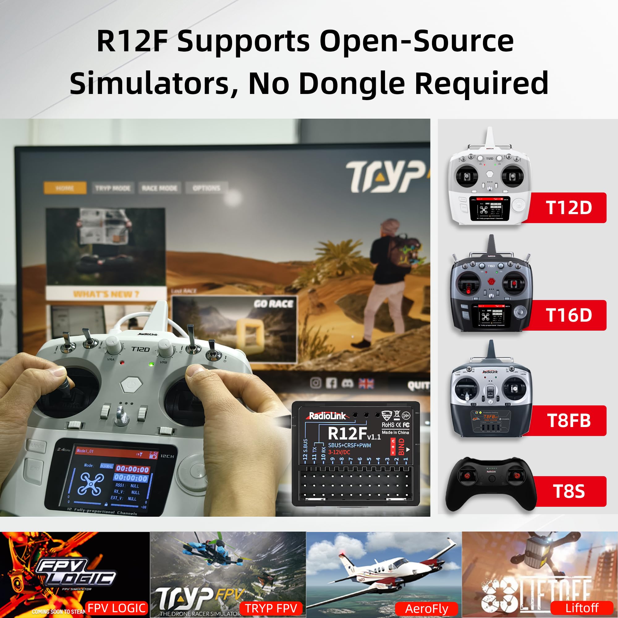 Radiolink R12F Récepteur RC 12 canaux 2,4 GHz compatible avec émetteurs T16D/T12D/T8FB/T8S/RC4GS V3/RC6GS V3, idéal pour avions télécommandés, jets, voitures, bateaux et robots