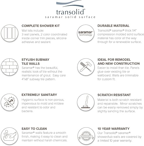 Miniatura 4 de Transolid SWK603672-21 SaraMar - Kit de pared de ducha de 3 piezas, 36 x 60 x 72 pulgadas, color blanco