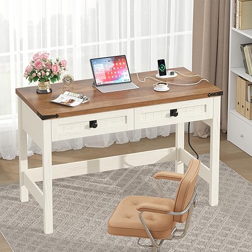Miniatura 8 de Escritorio de computadora de estilo granja con 2 cajones, escritorio pequeño de oficina de 39 pulgadas con enchufes de energía, escritorio compacto