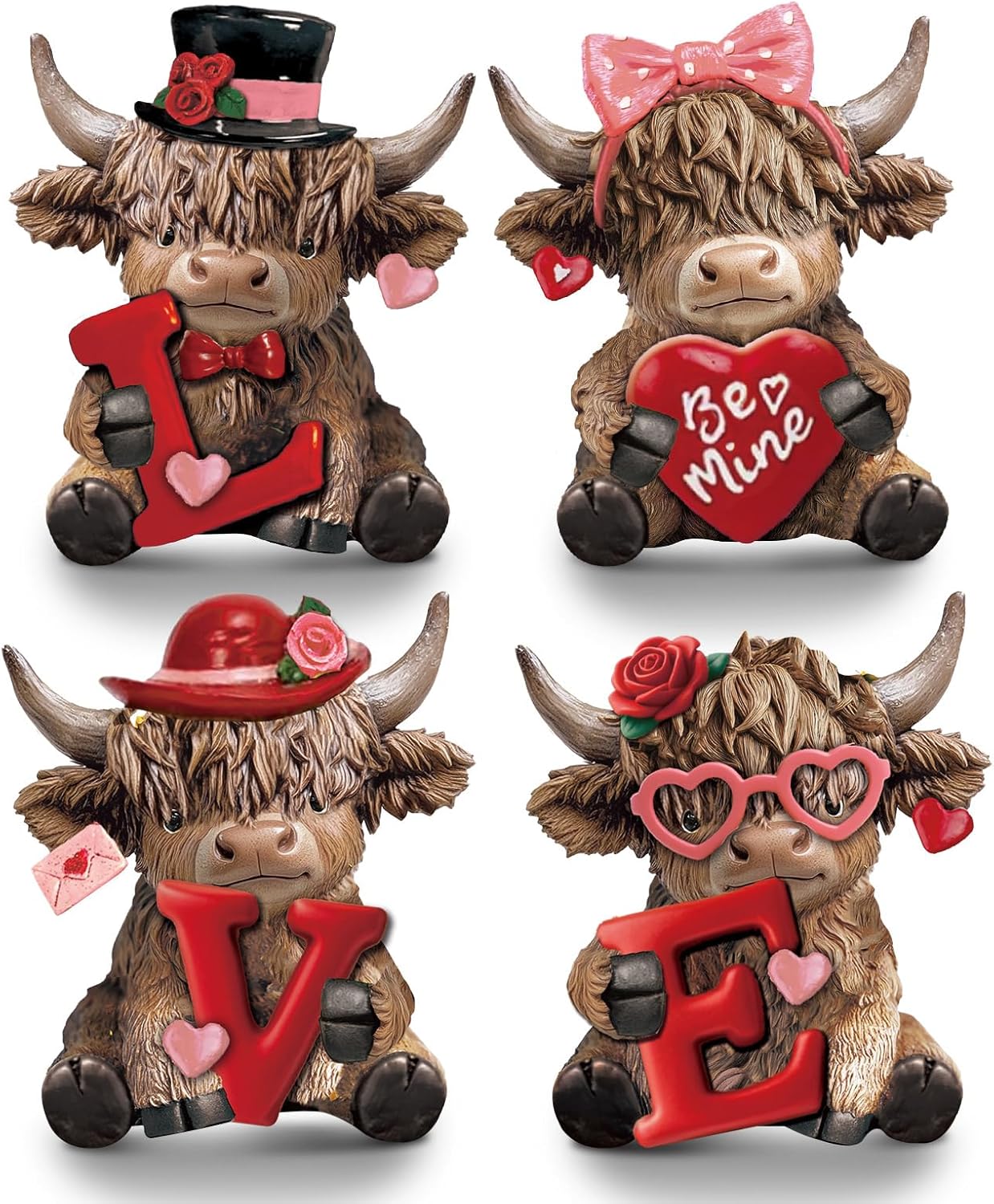 Sosation 4 Pcs St Patricks Day Highland Cow Figurines Luck Irish Highland Cow Gnomes Shamrock Scottish Resin Statue Calf Lovers Gifts for Home Garden Kitchen Office Tiered Tray Table Decor