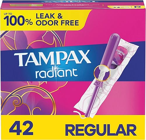 Tampax Tampones radiantes de absorción regular con aplicador de plástico sin BPA y trenza de protección contra fugas, sin perfume, 42 unidades