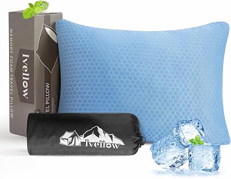 Ivellow Travel Pillow Camping Pillow for Sleeping Cooling Shredded Memory Foam Pillow Compressible Compact Medium Firm,Breathable Soft Cover,Ideal Outdoor Car Backpacking Hiking Essential Gear Blue S