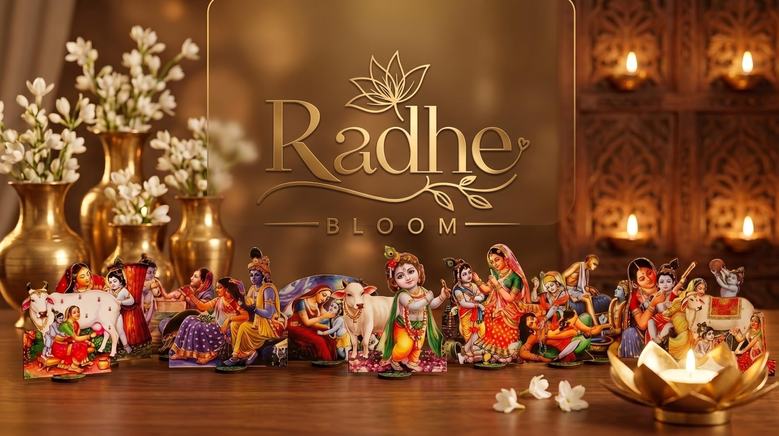 Radhe Creations Krishna Baal Leela Set (8pcs) MDF Wooden Cutout Set with Stand | Krishna All Baal Leela Decorative Showpieces | Hindu Religious Table Decor | 3D Janmashtami Home Decoration (4 inches)-image-1