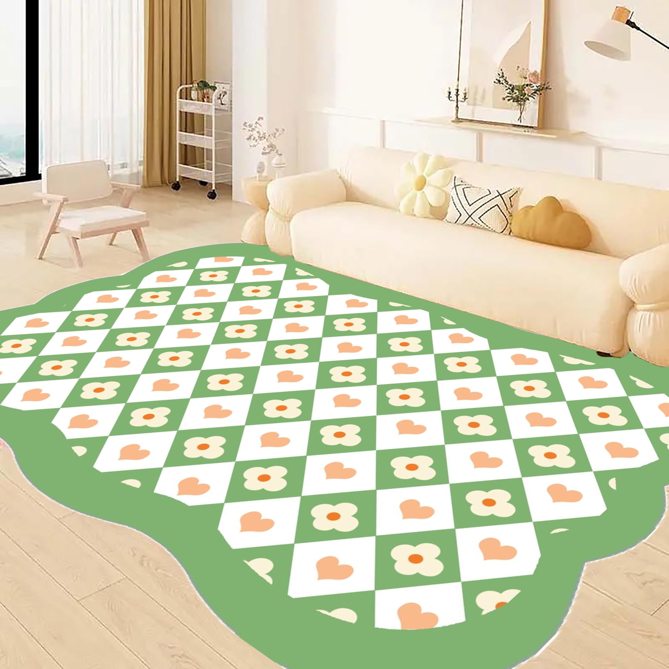 SOJAWA Wave Area Rug, 160x200cm Green Plaid Small Flower Heart Print Rugs, Stylish and Beautiful Washable Easy to Clean Carpet, Suitable for Bedroom Bedside Living Room Dormitory Non-Slip Carpets