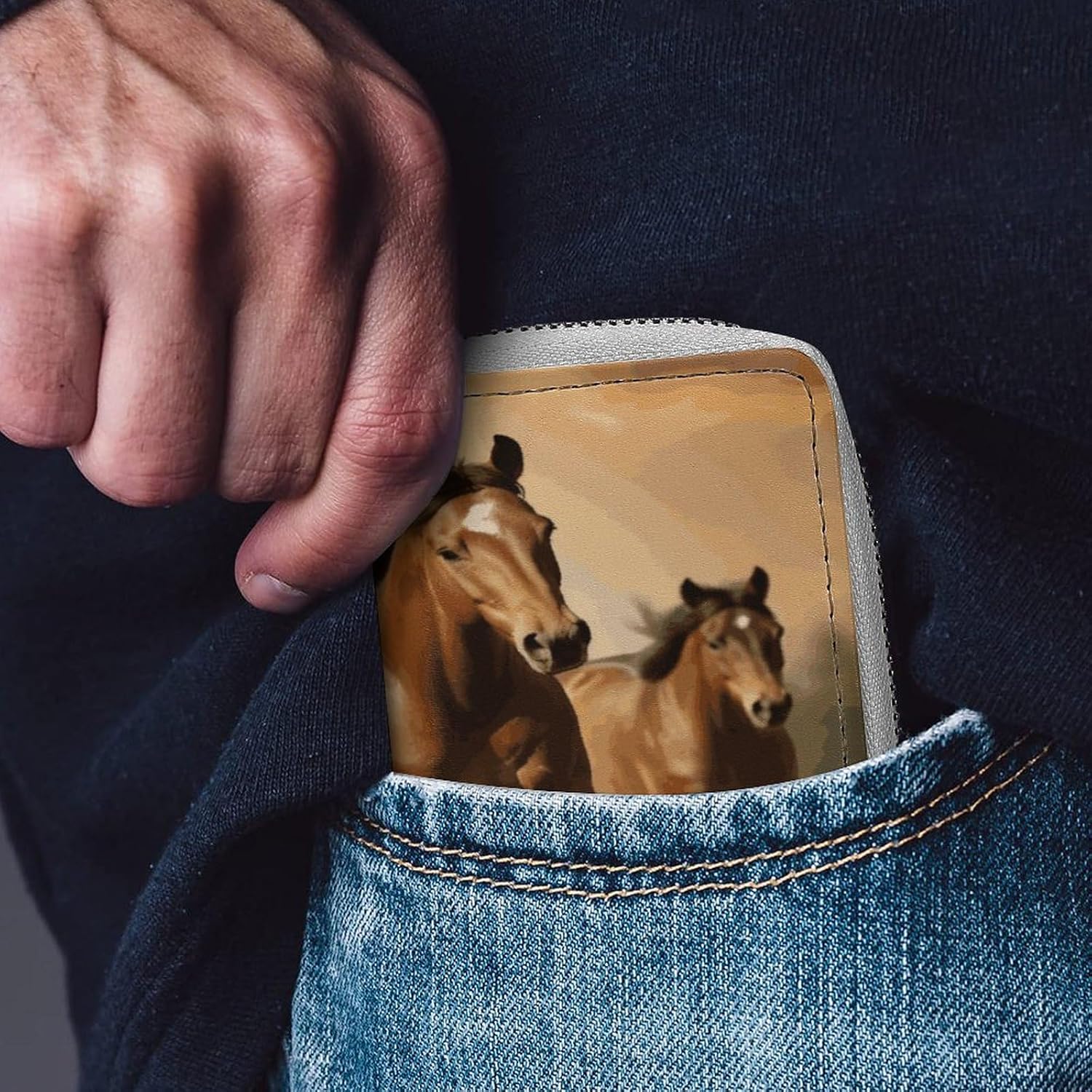 Leather Card Organizer Case Card Wallet Credit Card Holder Horses Printed Zipper Card Cases Holder for Women Men