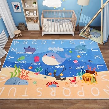 Kids Rugs for Playroom,33" x 411" ABC Alphabet Whale Kids Rug,Non-Slip Ocean Kid Rug Play Mat,Washable Educational Classroom Rug Kids Area Carpet for Kids Room Playroomfor Age 2+