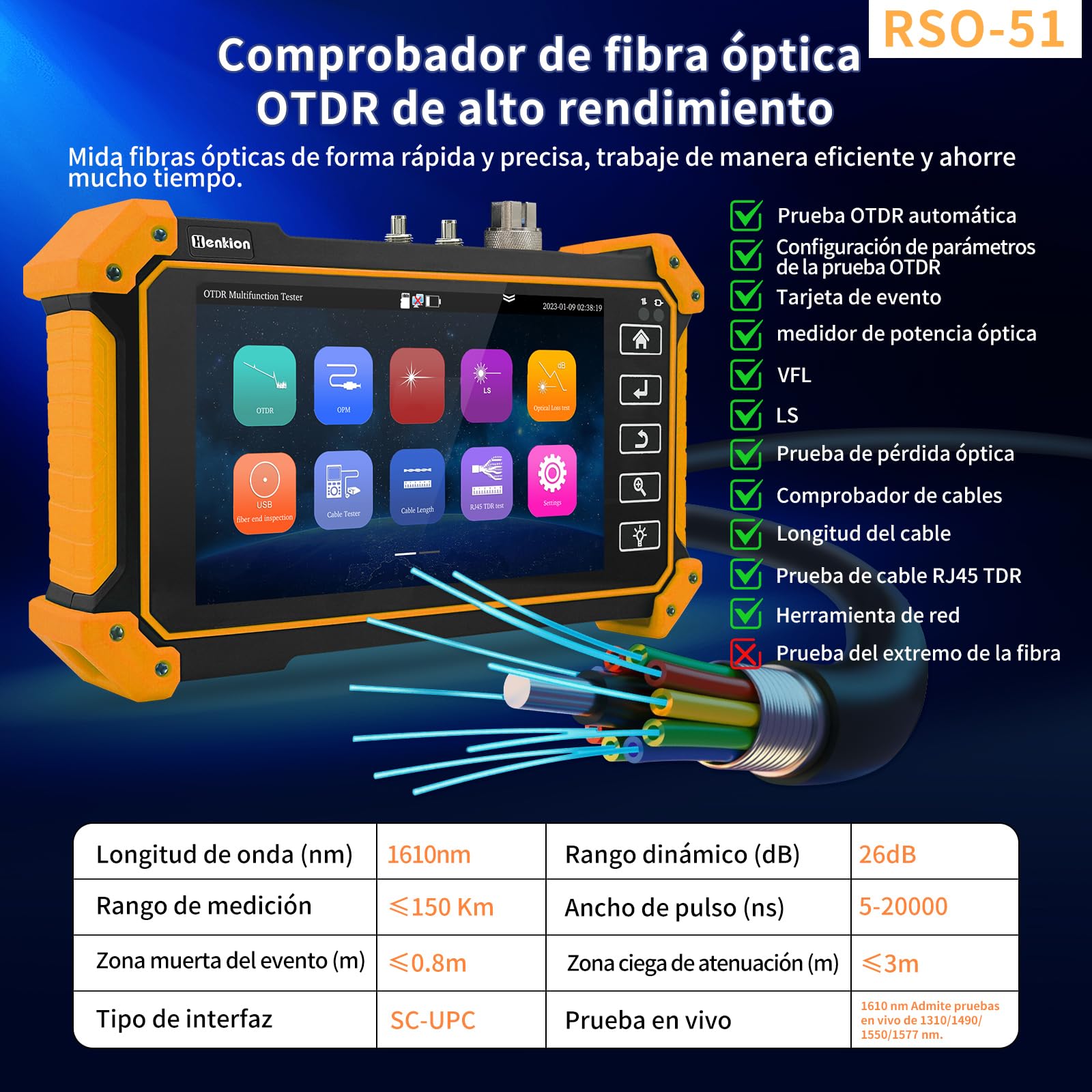 Henkion OTDR Fiber Optic Tester 1610nm 26dB - Comprobador de fibra óptica 1310/1490/1550/1577nm Prueba de fibra óptica en vivo OPM LS OLS, Event Map, comprobador de cables, herramientas de red, 8