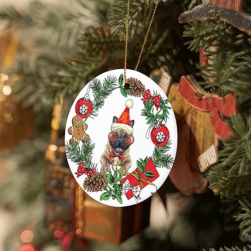 Miniatura 2 de Adornos de cerámica para perros, adornos de Navidad para perro Bulldog francés 2022, decoraciones de primera Navidad para cachorro, adorno redondo
