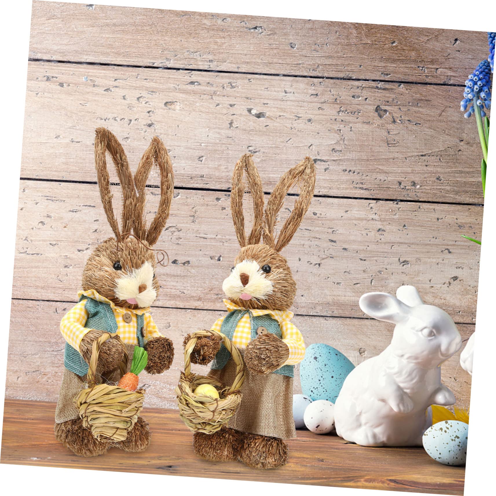 Lot de 2 figurines de lapin en paille tissées à la main pour décoration de Pâques, décoration de fête de jardin, décoration de fête et