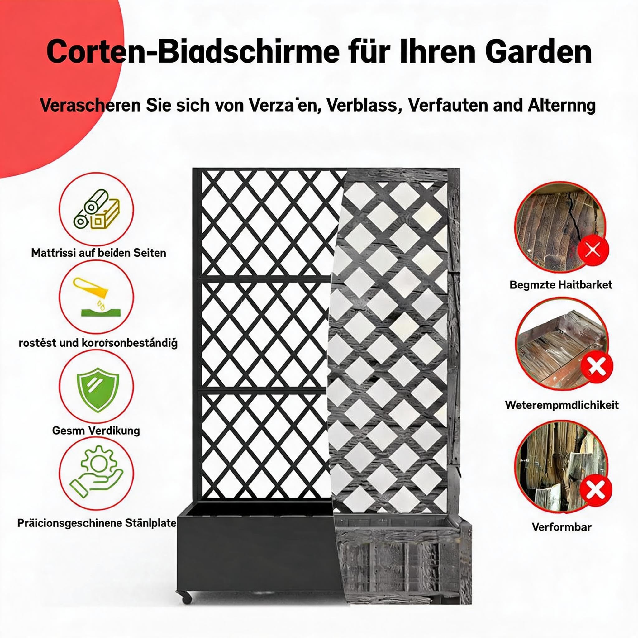 Pflanzkasten Mit Sichtschutz, Metall Blumenkasten Mit Spalier, Hochbeet Mit Rankgitter & Rollen & Drainageloch, Pflanzkübel Hoch 183x119x45cm Für Garten, Balkon Und Terrasse, Schwarz-A