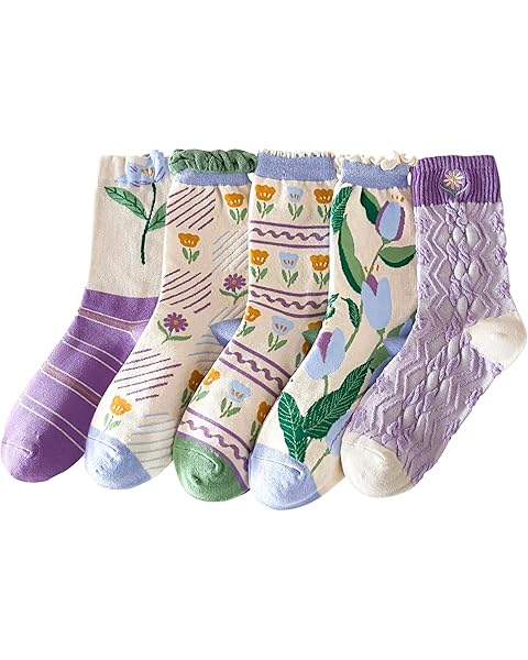 DXYAKY 5 Pairs Vintage Floral Crew Socks for Women, Soft Cotton Embroidered, Cottagecore Ruffle Socks for Casual & Dress Wear