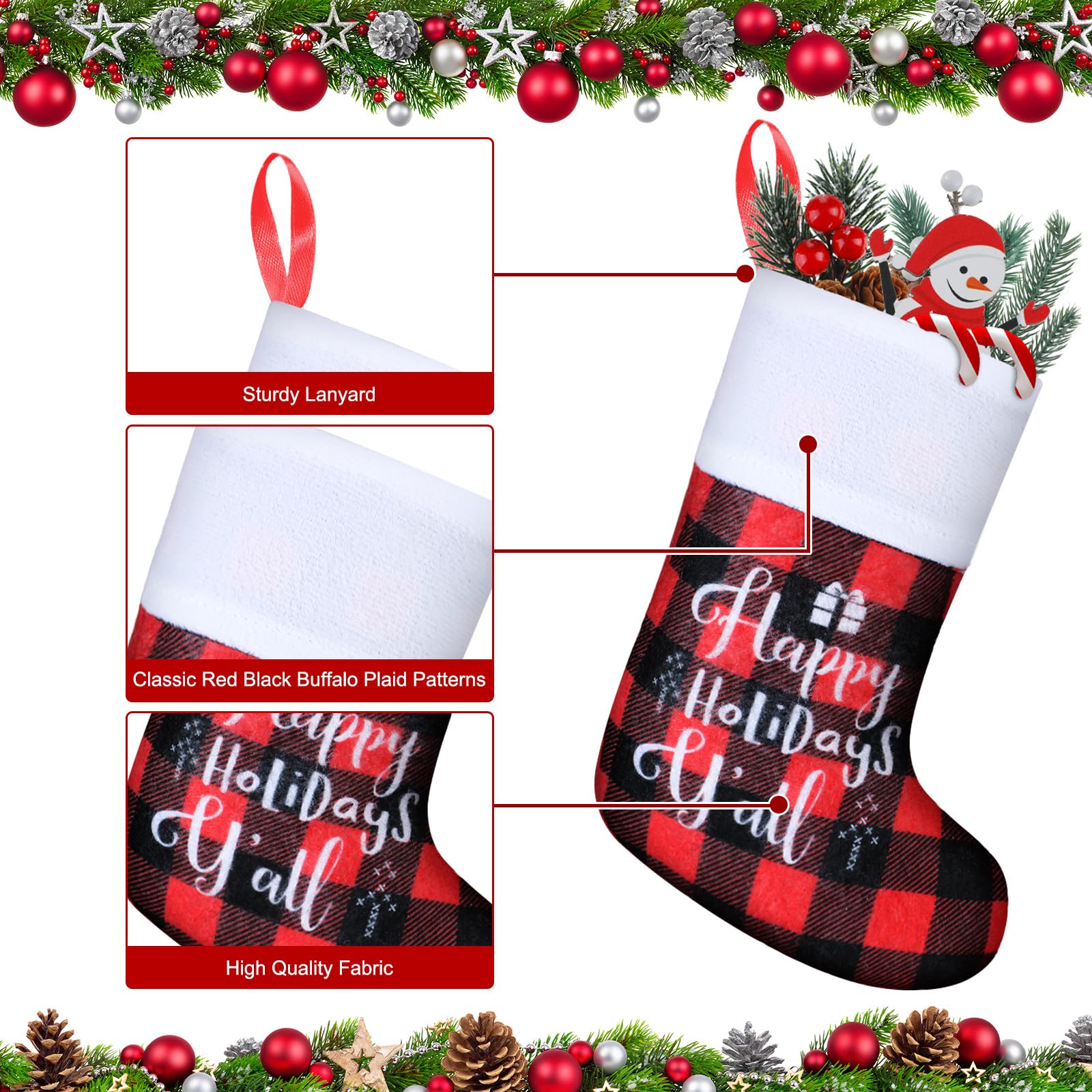 Skylety Chaussettes de Noël classiques en vrac avec revers en peluche pour décoration de fête de Noël (rouge et noir, mot)