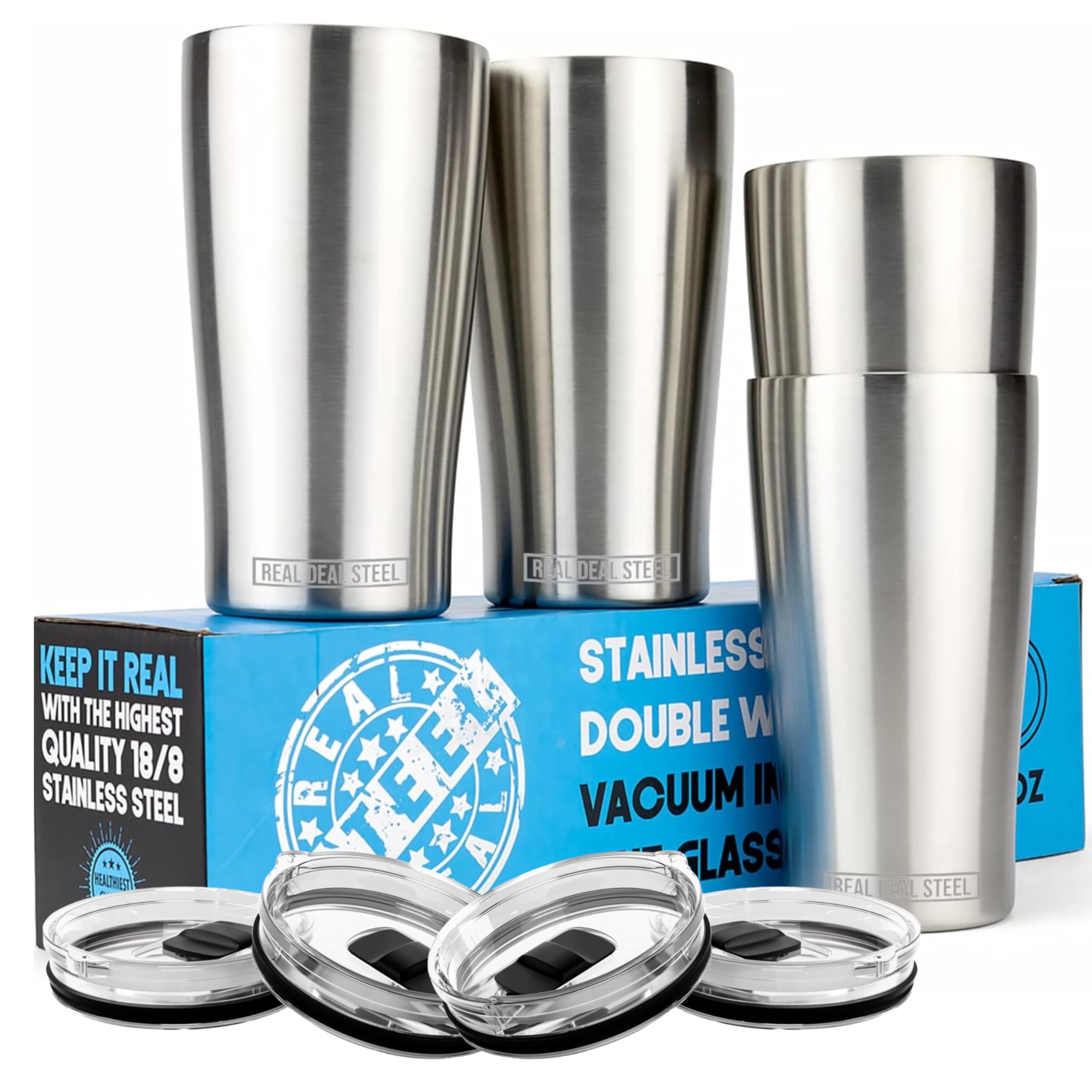 Stainless Steel Pint Glasses: Double Wall Vacuum Copper Insulated Metal Cups to Keep Drinks Cold or Hot - Rimless, Sweat Free Beer Tumbler for Cocktails, Coffee, Smoothies & More, Set of 4, 16 oz